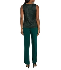 R & M Richards Pleated Crinkle Metallic Scoop Neck 3/4 Sleeve 3-Piece Pant Set