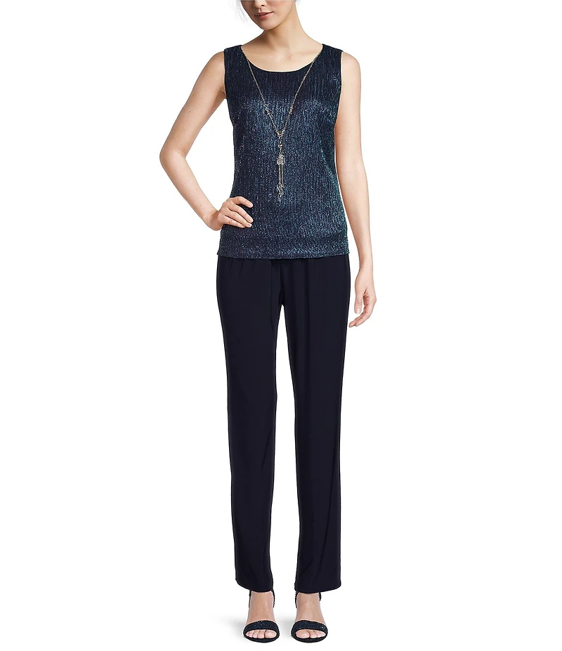 R & M Richards Pleated Crinkle Metallic Scoop Neck 3/4 Sleeve 3-Piece Pant Set