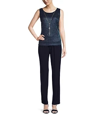 R & M Richards Pleated Crinkle Metallic Scoop Neck 3/4 Sleeve 3-Piece Pant Set