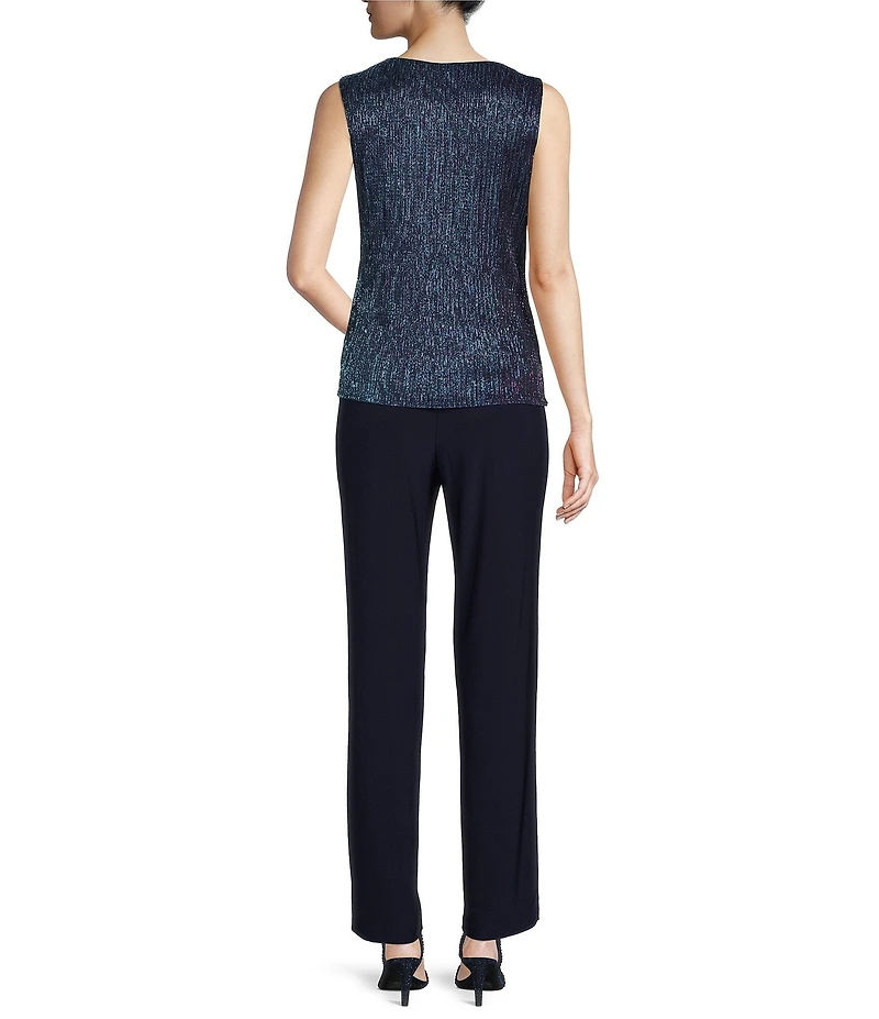 R & M Richards Pleated Crinkle Metallic Scoop Neck 3/4 Sleeve 3-Piece Pant Set