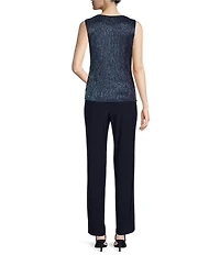 R & M Richards Pleated Crinkle Metallic Scoop Neck 3/4 Sleeve 3-Piece Pant Set