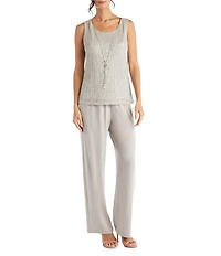 R & M Richards Pleated Crinkle Metallic Scoop Neck 3/4 Sleeve 3-Piece Pant Set
