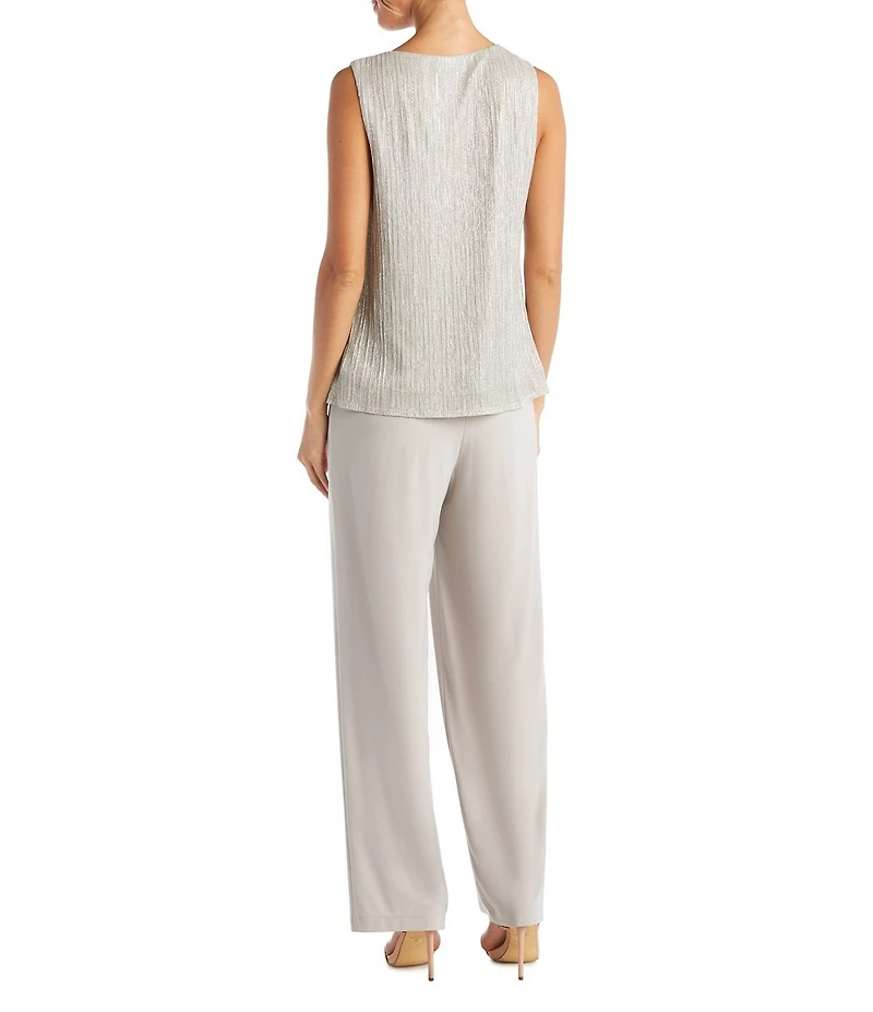 R & M Richards Pleated Crinkle Metallic Scoop Neck 3/4 Sleeve 3-Piece Pant Set