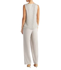 R & M Richards Pleated Crinkle Metallic Scoop Neck 3/4 Sleeve 3-Piece Pant Set