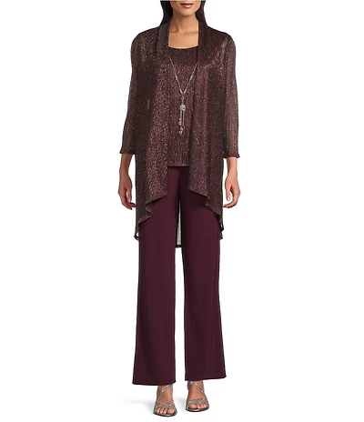 R & M Richards Pleated Crinkle Metallic Scoop Neck 3/4 Sleeve 3-Piece Pant Set