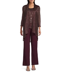 R & M Richards Pleated Crinkle Metallic Scoop Neck 3/4 Sleeve 3-Piece Pant Set