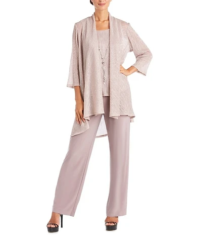 R & M Richards Pleated Crinkle Metallic Scoop Neck 3/4 Sleeve 3-Piece Pant Set