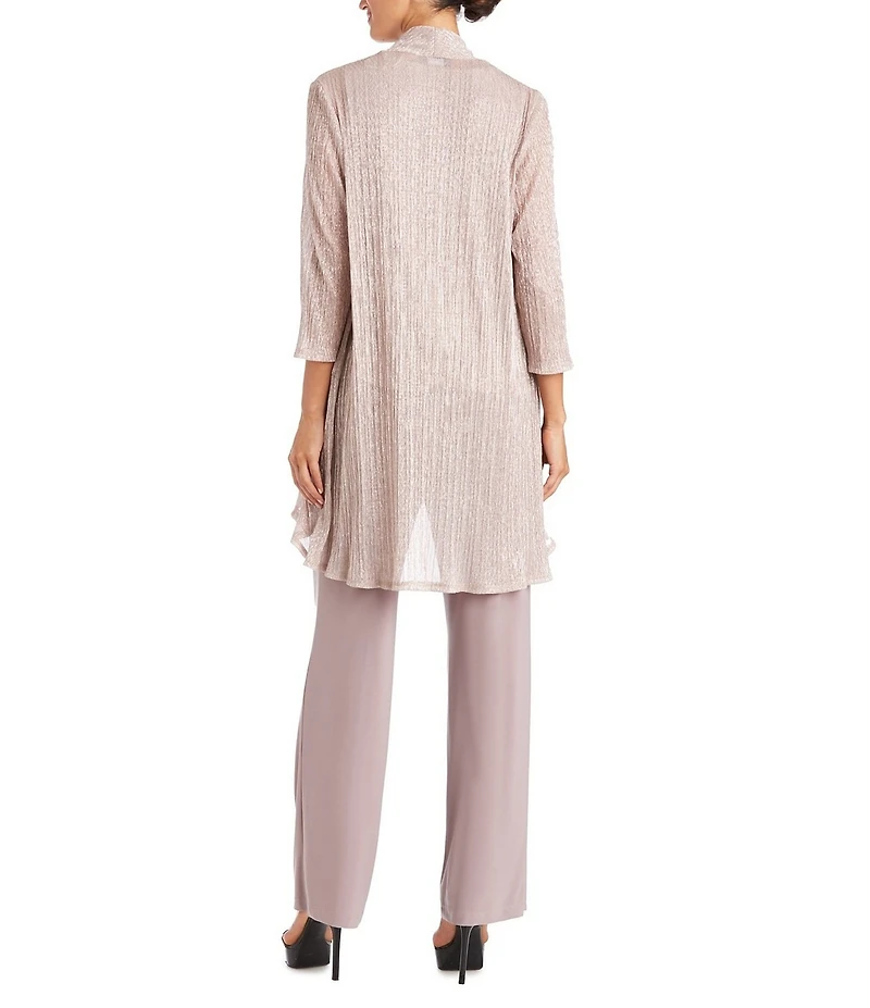 R & M Richards Pleated Crinkle Metallic Scoop Neck 3/4 Sleeve 3-Piece Pant Set