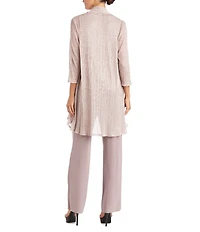 R & M Richards Pleated Crinkle Metallic Scoop Neck 3/4 Sleeve 3-Piece Pant Set