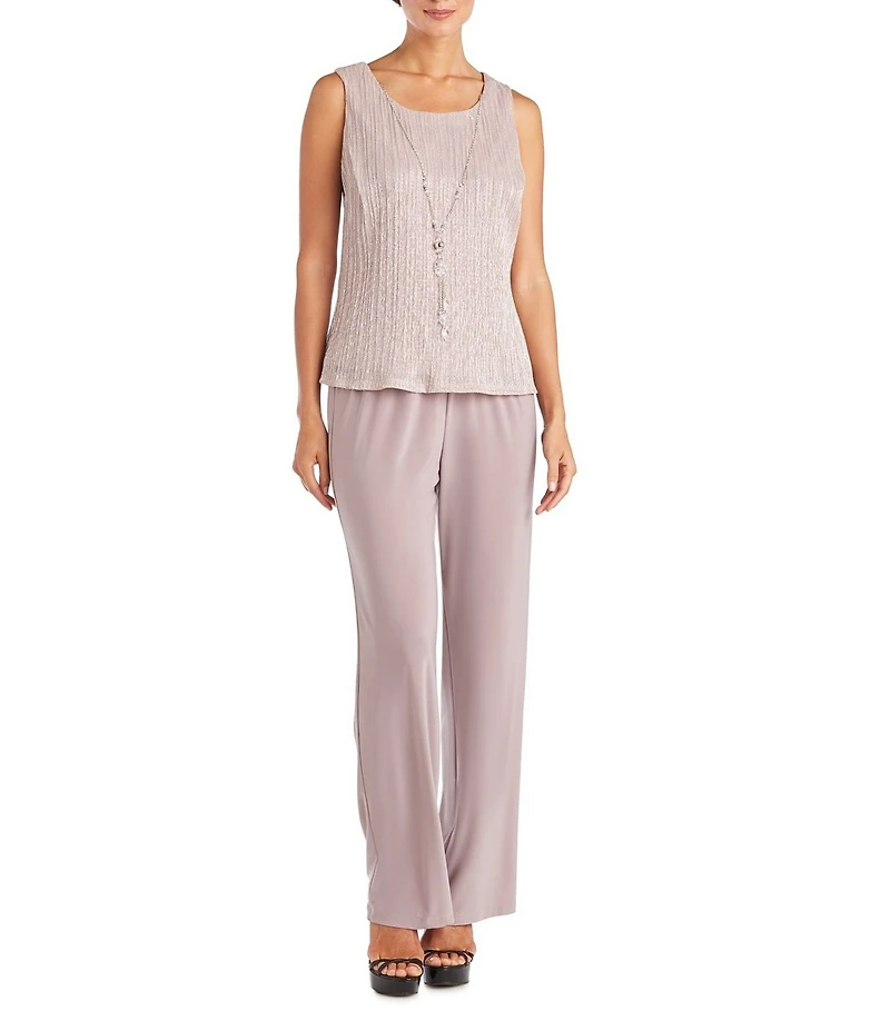 R & M Richards Pleated Crinkle Metallic Scoop Neck 3/4 Sleeve 3-Piece Pant Set