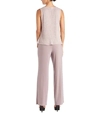 R & M Richards Pleated Crinkle Metallic Scoop Neck 3/4 Sleeve 3-Piece Pant Set