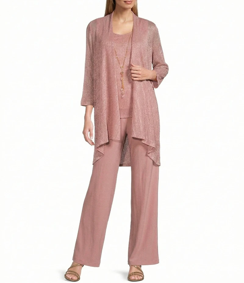 R & M Richards Pleated Crinkle Metallic Scoop Neck 3/4 Sleeve 3-Piece Pant Set
