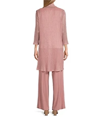 R & M Richards Pleated Crinkle Metallic Scoop Neck 3/4 Sleeve 3-Piece Pant Set