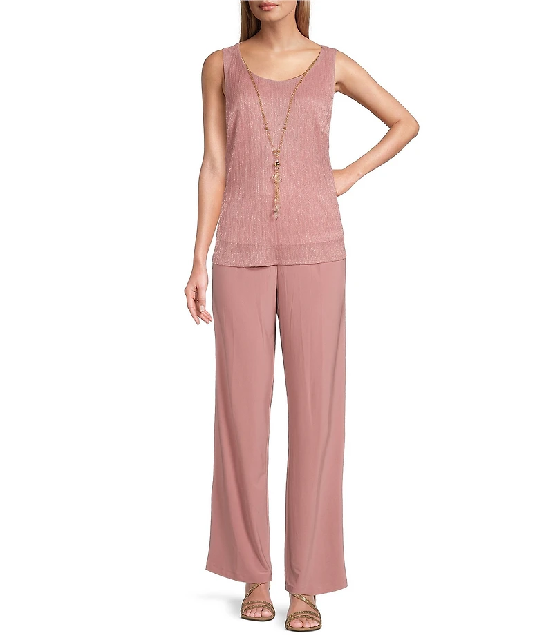 R & M Richards Pleated Crinkle Metallic Scoop Neck 3/4 Sleeve 3-Piece Pant Set