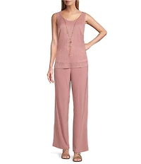 R & M Richards Pleated Crinkle Metallic Scoop Neck 3/4 Sleeve 3-Piece Pant Set