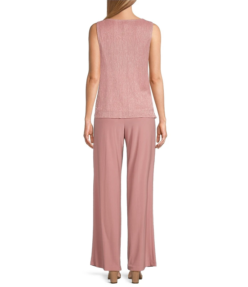 R & M Richards Pleated Crinkle Metallic Scoop Neck 3/4 Sleeve 3-Piece Pant Set