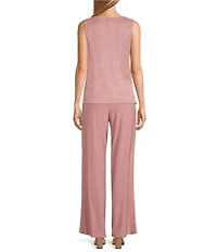 R & M Richards Pleated Crinkle Metallic Scoop Neck 3/4 Sleeve 3-Piece Pant Set