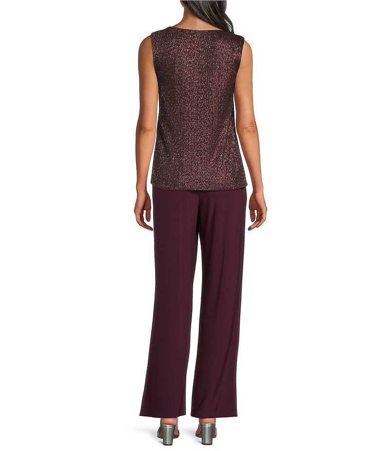 R & M Richards Pleated Crinkle Metallic Scoop Neck 3/4 Sleeve 3-Piece Pant Set