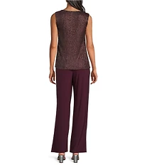 R & M Richards Pleated Crinkle Metallic Scoop Neck 3/4 Sleeve 3-Piece Pant Set