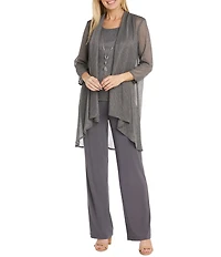 R & M Richards Pleated Crinkle Metallic Scoop Neck 3/4 Sleeve 3-Piece Pant Set