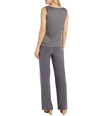 R & M Richards Pleated Crinkle Metallic Scoop Neck 3/4 Sleeve 3-Piece Pant Set