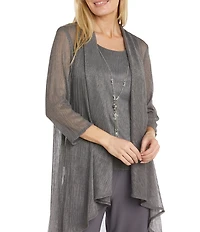 R & M Richards Pleated Crinkle Metallic Scoop Neck 3/4 Sleeve 3-Piece Pant Set