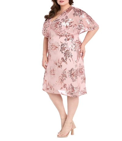 R & M Richards Plus Size Floral Sequin Power Mesh Beaded Sheer Capelet Sleeves Dress