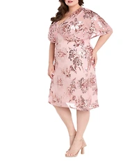 R & M Richards Plus Floral Sequin Power Mesh Beaded Sheer Capelet Sleeves Dress