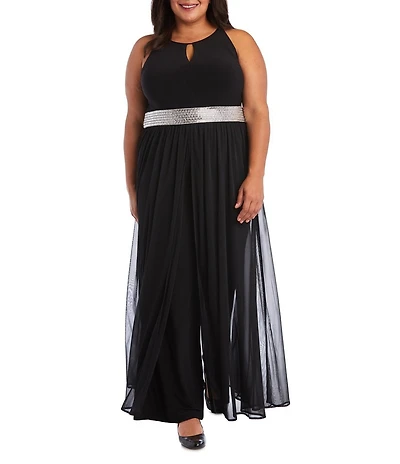 R & M Richards Plus Size 1 Piece Rhinestone Detail Cutaway Skirt Jumpsuit