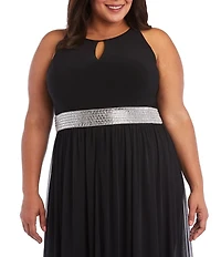R & M Richards Plus Size 1 Piece Rhinestone Detail Cutaway Skirt Jumpsuit