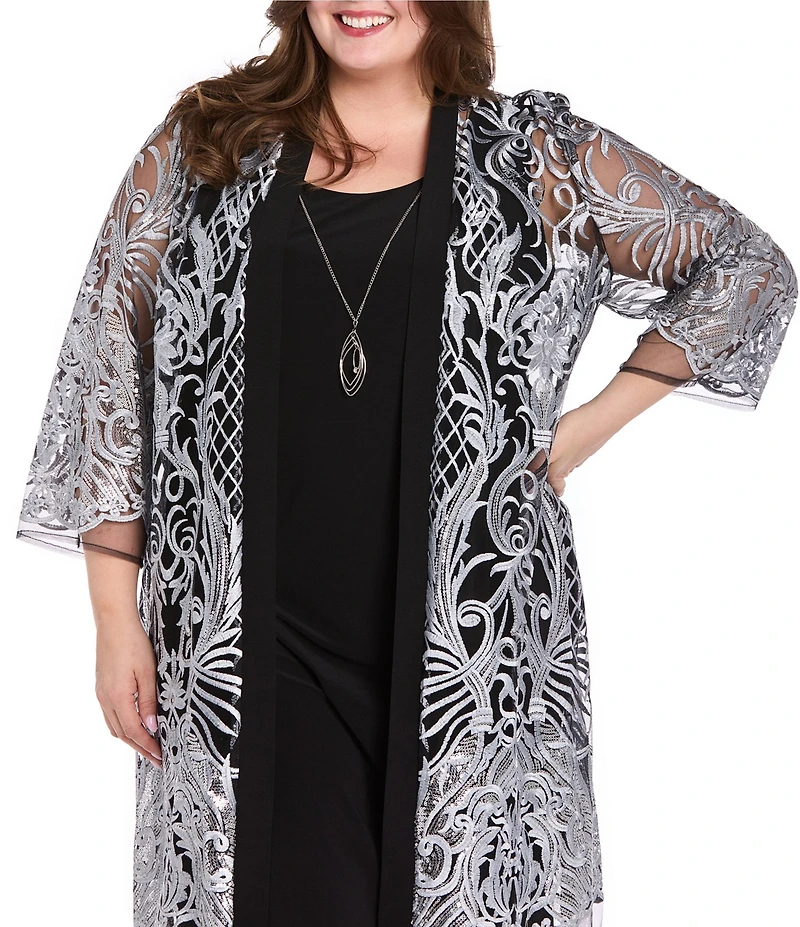 R & M Richards Plus Size 2 Piece Contrast Embroidered Duster Jacket Dress