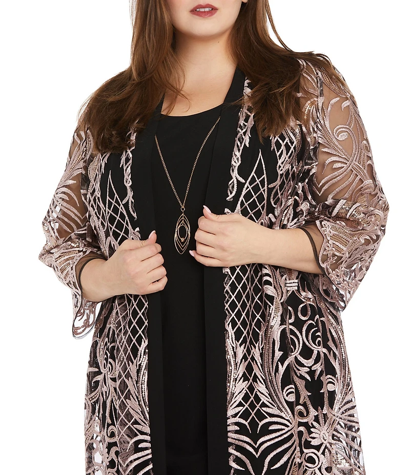 R & M Richards Plus Size 2 Piece Contrast Embroidered Duster Jacket Dress