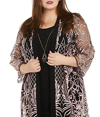 R & M Richards Plus Size 2 Piece Contrast Embroidered Duster Jacket Dress