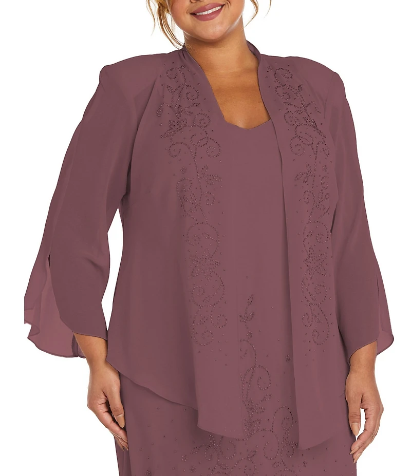R & M Richards Plus Size 2 Piece Long Beaded Detail Chiffon Jacket Midi Dress