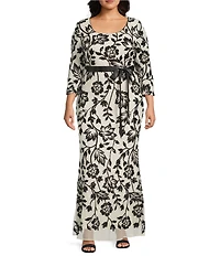 R & M Richards Plus Size 2 Tone Trelliss Floral Embroidered Sequin Scoop Neck 3/4 Sleeve Gown