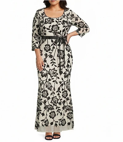 R & M Richards Plus Size 2 Tone Trelliss Floral Embroidered Sequin Scoop Neck 3/4 Sleeve Gown