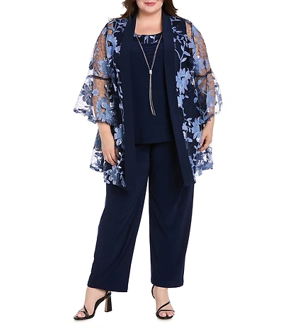 R & M Richards Plus Size 3/4 Bell Sleeve Crew Neck Embroidered Sequin Lace 3-Piece Pant Set