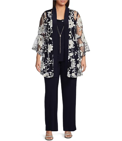 R & M Richards Plus Size 3/4 Bell Sleeve Crew Neck Embroidered Sequin Lace 3-Piece Pant Set
