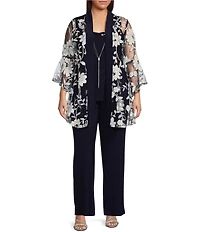 R & M Richards Plus Size 3/4 Bell Sleeve Crew Neck Embroidered Sequin Lace 3-Piece Pant Set