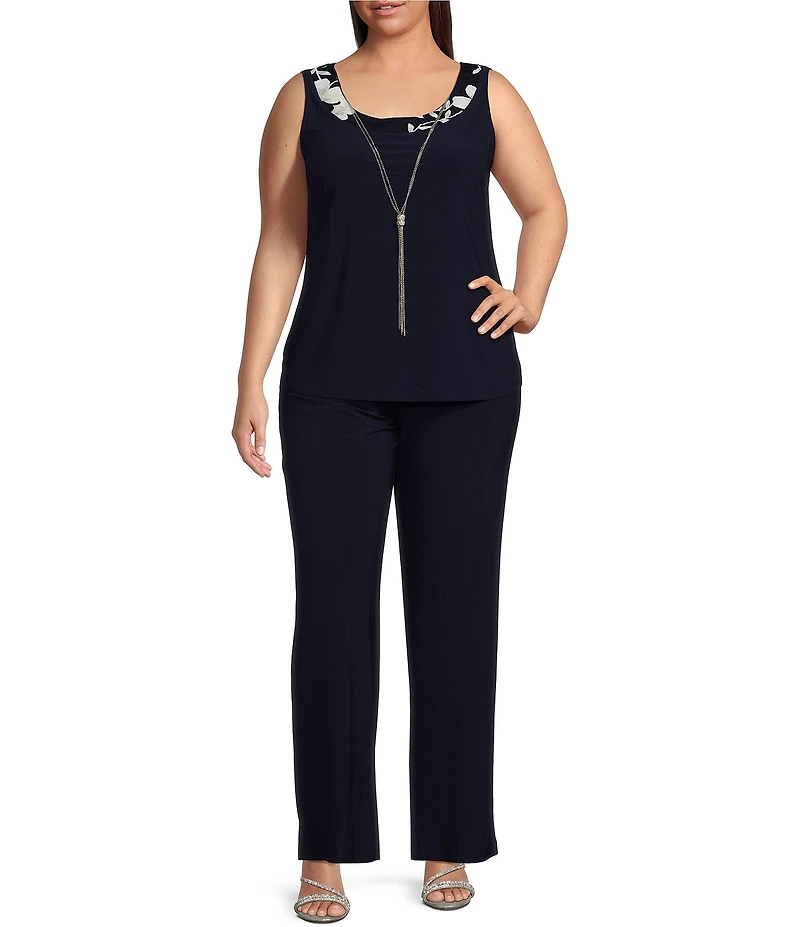 R & M Richards Plus Size 3/4 Bell Sleeve Crew Neck Embroidered Sequin Lace 3-Piece Pant Set