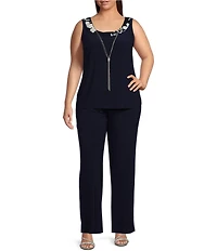 R & M Richards Plus Size 3/4 Bell Sleeve Crew Neck Embroidered Sequin Lace 3-Piece Pant Set