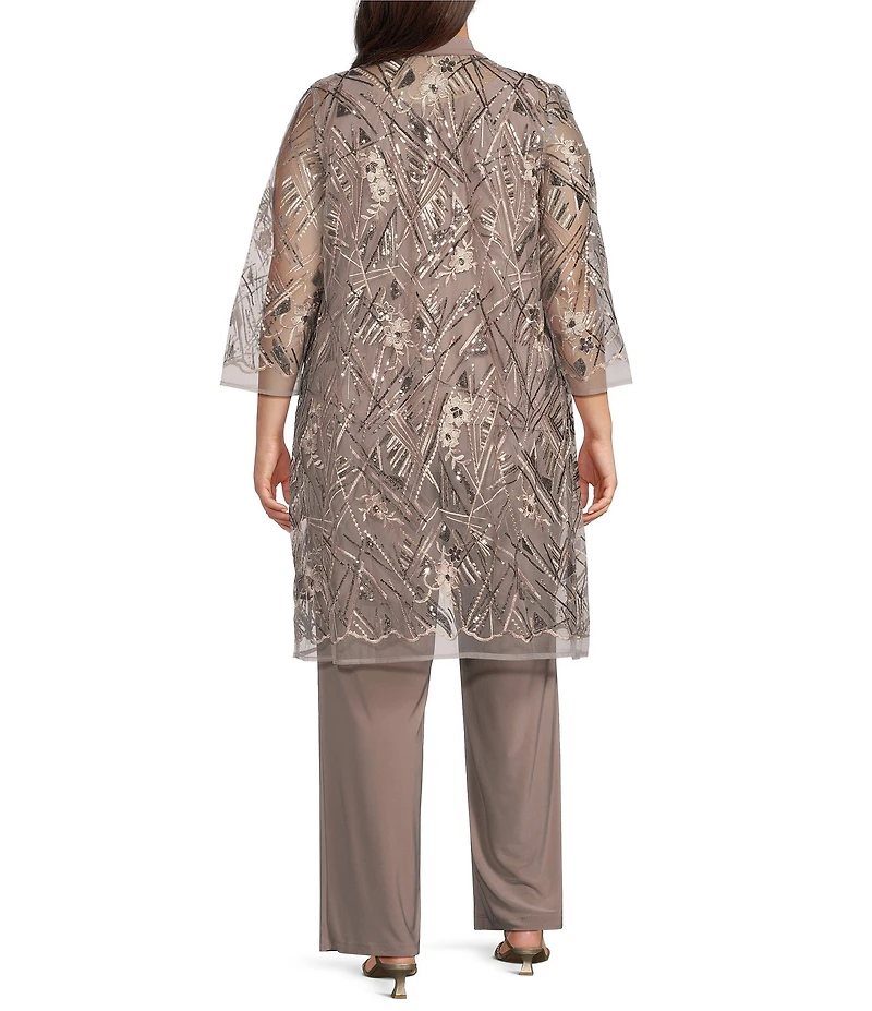 R & M Richards Plus Size 3/4 Sleeve Crew Neck Embroidered Sequin 3-Piece Pant Set