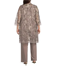R & M Richards Plus Size 3/4 Sleeve Crew Neck Embroidered Sequin 3-Piece Pant Set
