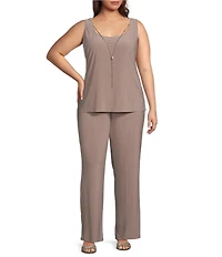 R & M Richards Plus Size 3/4 Sleeve Crew Neck Embroidered Sequin 3-Piece Pant Set