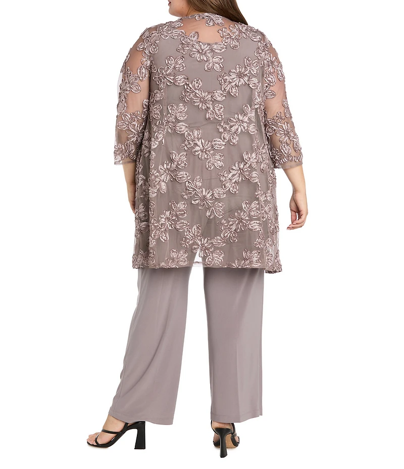 R & M Richards Plus Size 3/4 Sleeve Crew Neck Embroidered Soutache 3-Piece Pant Set