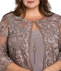 R & M Richards Plus Size 3/4 Sleeve Crew Neck Embroidered Soutache 3-Piece Pant Set