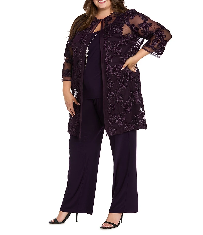 R & M Richards Plus Size 3/4 Sleeve Crew Neck Embroidered Soutache 3-Piece Pant Set
