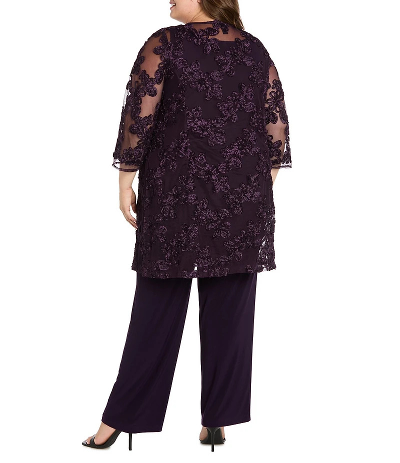 R & M Richards Plus Size 3/4 Sleeve Crew Neck Embroidered Soutache 3-Piece Pant Set