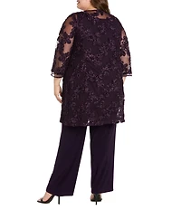 R & M Richards Plus Size 3/4 Sleeve Crew Neck Embroidered Soutache 3-Piece Pant Set