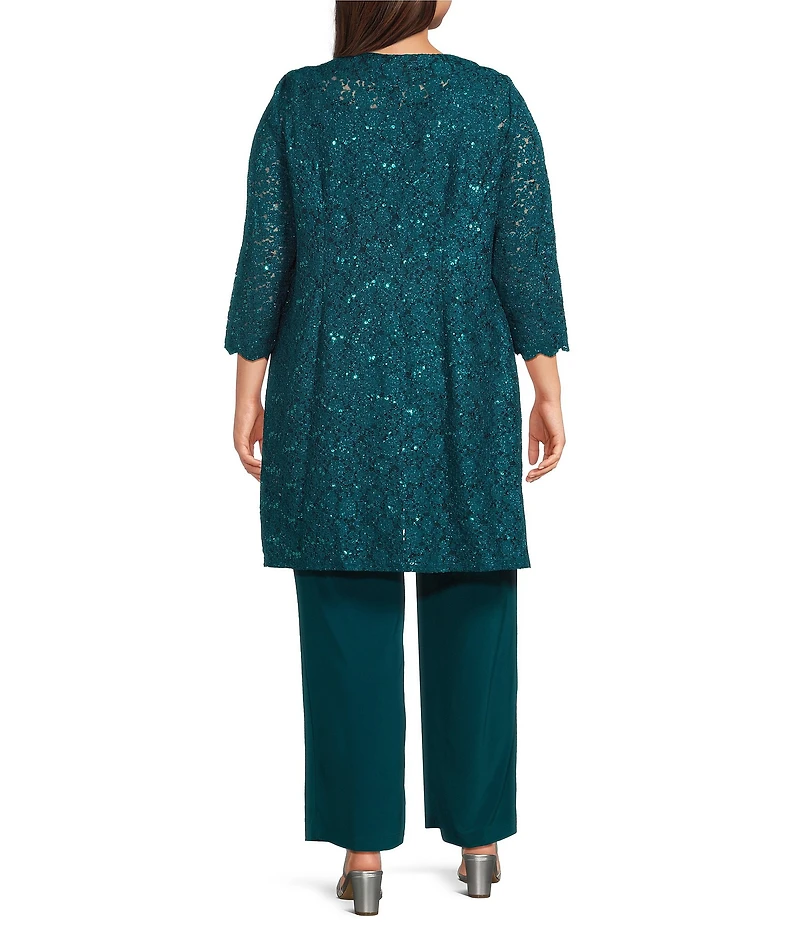 R & M Richards Plus Size 3/4 Sleeve Embellished Round Neck Lace Duster 3-Piece Pant Set